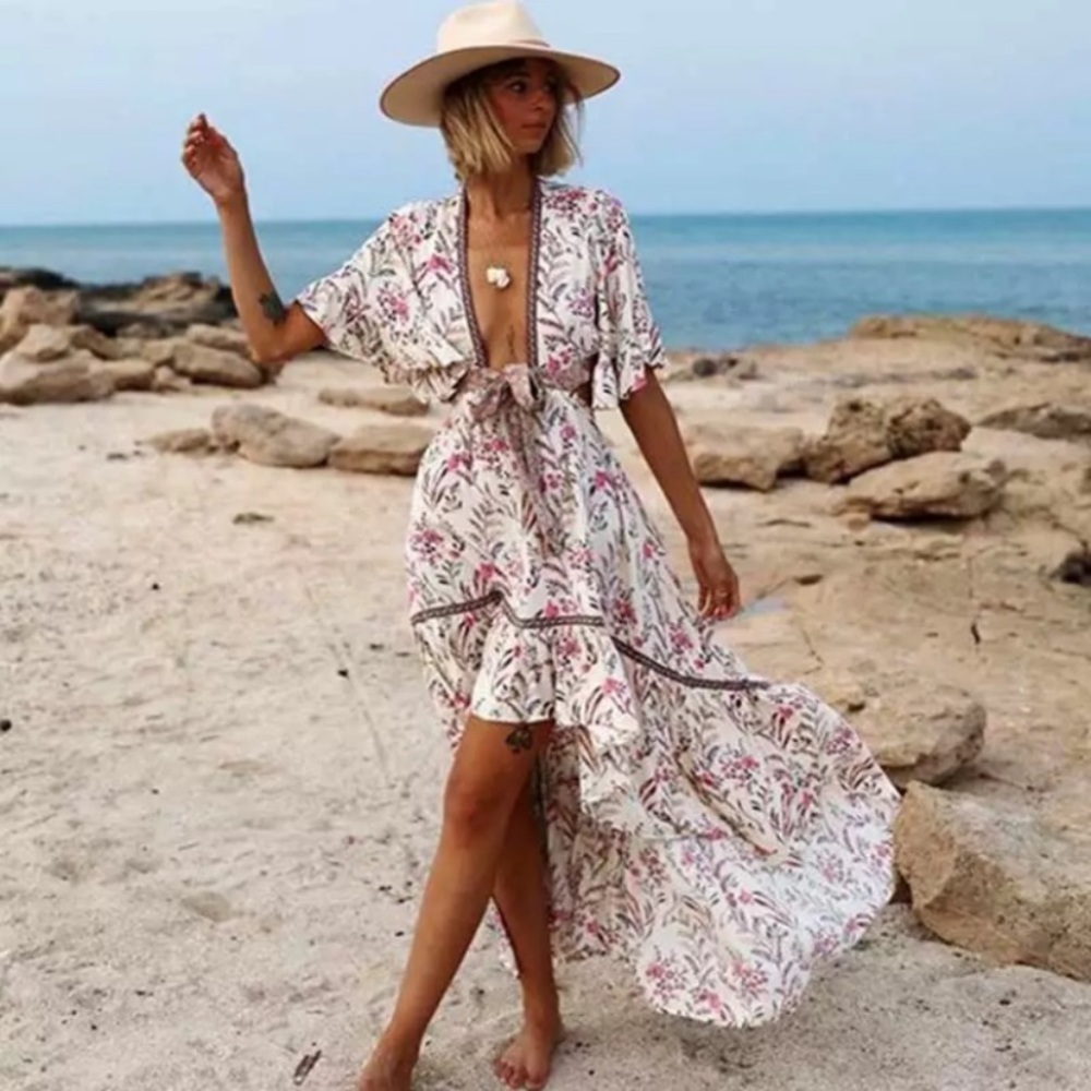 SOLD OUT Boho Floral Fields Gypsy Cut Out Plunge Maxi Dress - Picture 3 of 12